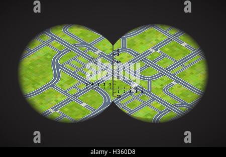 View from the binoculars on difficult road junctions in isometric Stock Vector
