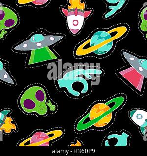 Hand drawn seamless pattern with space planet stitch patch icons, planet and alien ship abduction designs. EPS10 vector. Stock Vector