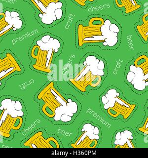 Beer celebration, hand drawn seamless pattern with brewery drink patch icons on green background. EPS10 vector. Stock Vector