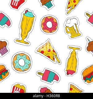 Hand drawn doodle seamless pattern with retro fast food patch icons, beer, pizza, milkshake, burger and more. EPS10 vector. Stock Vector