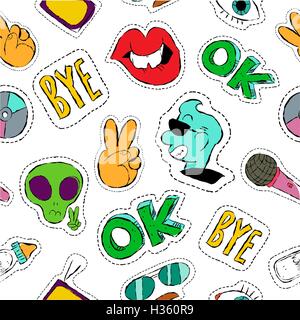 Hand drawn seamless pattern with retro patch icon doodles, fun quotes, alien, girl mouth. EPS10 vector. Stock Vector