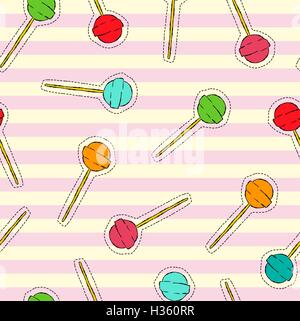 Cute candy hand drawn seamless pattern, stitch patch lollipop icons on pastel color background. EPS10 vector. Stock Vector