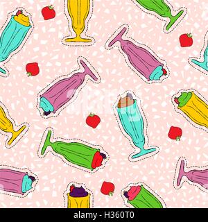 Milkshake hand drawn seamless pattern, sweet drink stitch patch icons. Smoothie, juice and more. EPS10 vector. Stock Vector