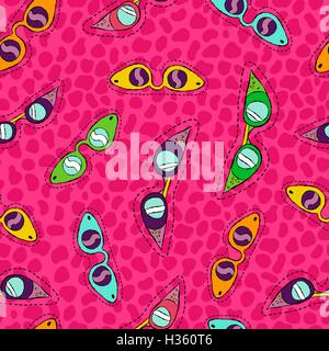 Retro style hand drawn seamless pattern with hipster patch icon sunglasses, colorful fashion background. EPS10 vector. Stock Vector