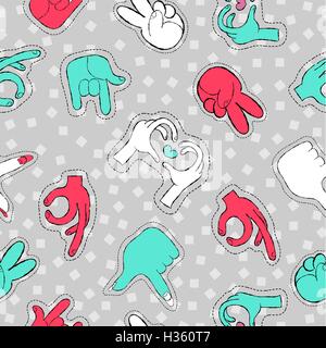 Retro style drawing social hand gestures seamless pattern with stitch patch icons for pins or stickers. EPS10 vector. Stock Vector