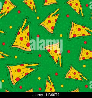 Hand drawn seamless pattern with cheese pizza stitch patch icons, restaurant fast food illustration background. EPS10 vector. Stock Vector