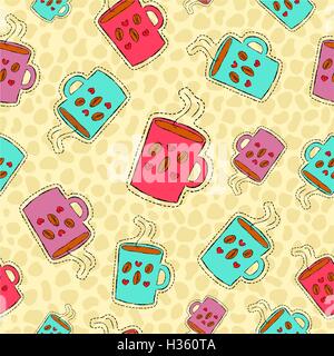 Caffeine lover Hand drawn seamless pattern with coffee mug patch icons, sticker or pin background. EPS10 vector. Stock Vector