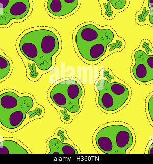 Retro 90s style hand drawn seamless pattern with space alien stitch patch icons, outer space fun doodle background. EPS10 vector Stock Vector