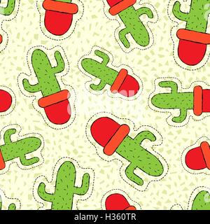 Hand drawn seamless pattern with cactus plant stitch patch icons, green nature  background. EPS10 vector. Stock Vector