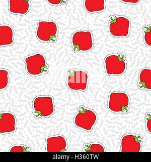 Hand drawn seamless pattern with strawberry fruit stitch patch icons, healthy natural food background. EPS10 vector. Stock Vector
