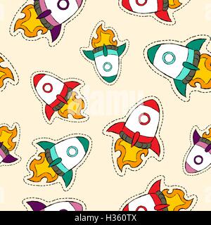 Hand drawn seamless pattern with rocket space ship patch icons, badge or sticker cartoon background. EPS10 vector. Stock Vector