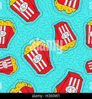 Hand drawn seamless pattern with popcorn bucket stitch patch icons, cinema food badge or sticker background. EPS10 vector. Stock Vector