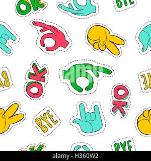 Retro style drawing social hand gestures seamless pattern with stitch patch icons for pins or stickers. EPS10 vector. Stock Vector