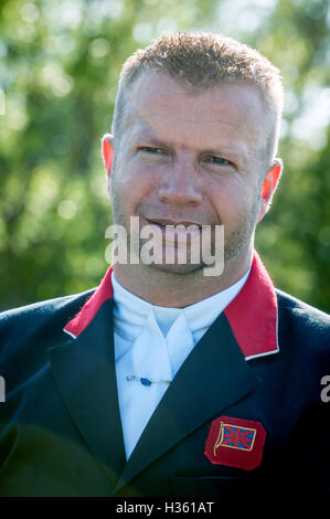 Lee Pearson, paralympian dressage competitor, at Hickstead Showground in West Sussex. Stock Photo