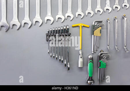 Set of hand tools on grey wooden  background Stock Photo
