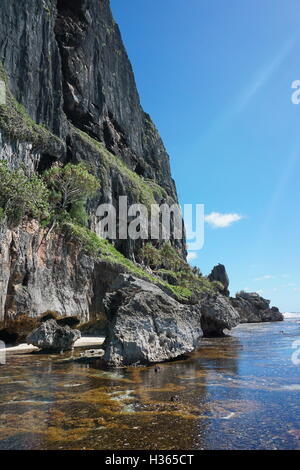 Coastal cliff on the sea shore of Rurutu island, Pacific ocean, Austral archipelago, French Polynesia Stock Photo