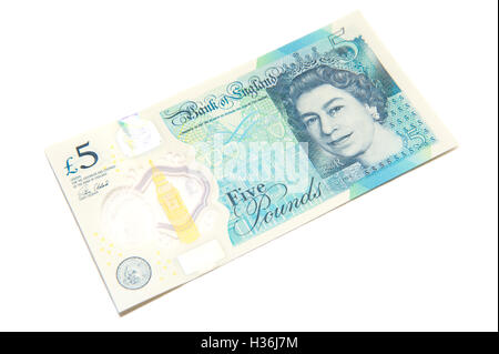 Front view of the new plastic (polymer) five pound note on a white background Stock Photo