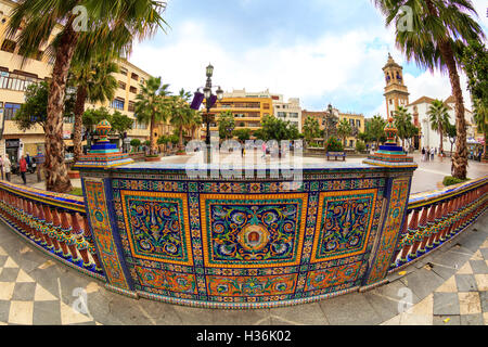 Detail of border around Plaza Alta in Algeciras,  brightly decorated with Seville ceramics.  Fish eye perspective. Stock Photo