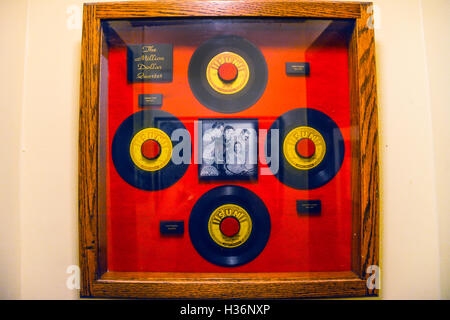 Shadow Box frame with 45rpm records called the Million Dollar quartet exhibited on wall inside Sun Studio Records in Memphis, TN Stock Photo