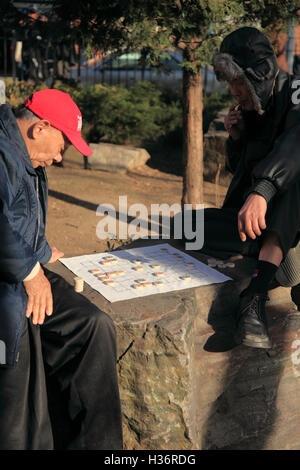Two man playing Chinese chess in Columbus Park in Manhattan Chinatown.New York City.USA Stock Photo