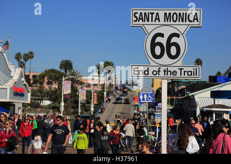 Route 66 End of the Trail at Santa Monica sign in Santa Monica pier.Santa Monica,California,USA Stock Photo