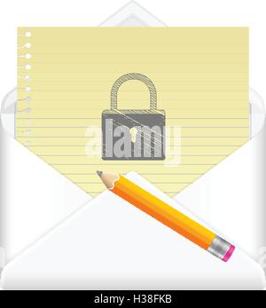Envelope, notebook sheet, pencil and symbol on a white background. Stock Vector