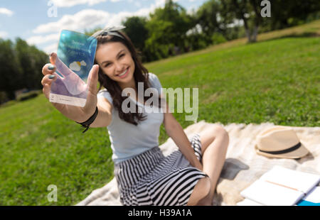 Overjoyed smiling woman using smart phone Stock Photo