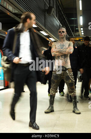 EDITORIAL USE ONLY Rick Genest, also known as 'Zombie Boy', in Canary Wharf, London this morning to celebrate the launch of 'Platform 15' - a new live action scare maze at Thorpe Park Resort, marking the 15th anniversary of Fright Nights, returning on October 7th 2016. Stock Photo