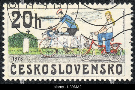 A postage stamp printed in Czechoslovakia shows pair of the cyclists , 1978 - 1979 Stock Photo