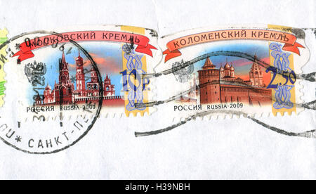 A postage stamp printed in Russia shows Russian Kremlin in Moscow and Kolomna, circa 2012 Stock Photo