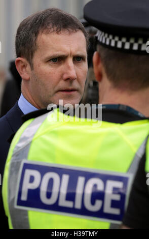 Justice Secretary Michael Matheson attends a community police operation event, Operation Pinpoint, which involves officers working with the wider community and local authority partners to address local issues in Armadale, Scotland. Stock Photo