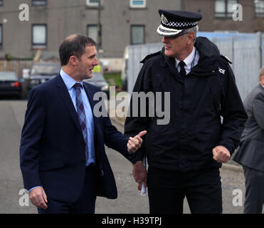 Justice Secretary Michael Matheson (left) and Police Scotland Chief Constable Phil Gormley attend a community police operation event, Operation Pinpoint, which involves officers working with the wider community and local authority partners to address local issues in Armadale, Scotland. Stock Photo