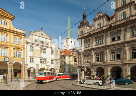 Iconic red tram in Mala Strana, Prague, Czech Republic. Stock Photo