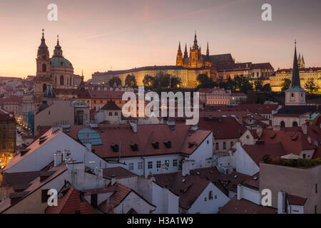 Night falls in Mala Strana (Lesser Town), Prague, Czech Republic. Hradcany  towering above. Stock Photo