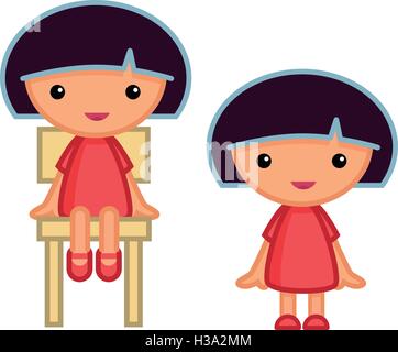 Little girl poses, sitting on chair and standing Stock Vector