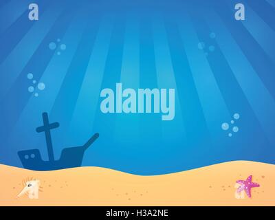 Cartoon underwater sea landscape with sunken boat and seaweeds. Vector ...