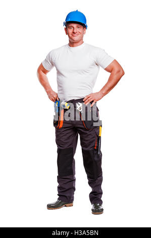 smiling handyman on white background fine portrait Stock Photo