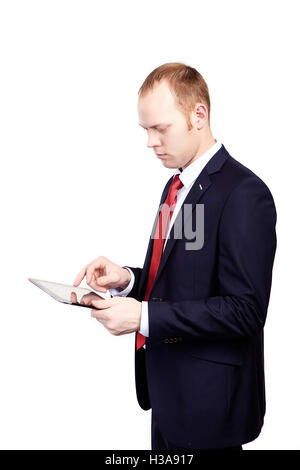 Business man working with a digital tablet on an isolated whi Stock Photo