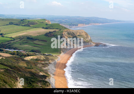Looking east from the top of Golden Cap, Dorset, UK, the highest point on the south coast of England, towards distant West Bay.