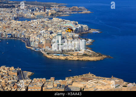 Aerial view over Valletta Malta, with microlight aircraft. Stock Photo