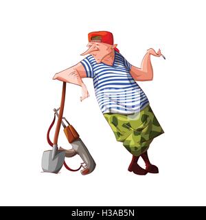 Colorful vector illustration of a cartoon rebel / separatist guerilla fighter with cammo pants and sailors t-shirt digging with Stock Vector