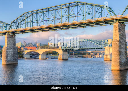 The Walnut Street, Chief John Ross (Market Street) and Olgiati bridges crossing the Tennessee River in Chattanooga, Tennessee. Stock Photo