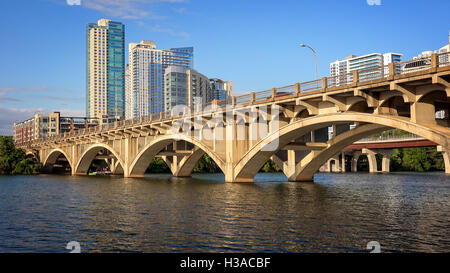 Austin city skyline and Congress Bridge over the Colorado River, Texas Stock Photo