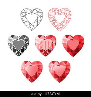 Set of simple and realistic heart gemstones jewels. Isolated on white. Vector. Illustration Stock Vector