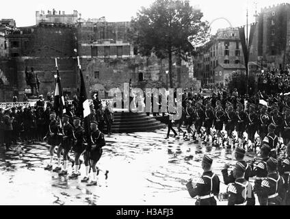Parade with Hitler Youth members before Benito Mussolini in Rome, 1937 Stock Photo