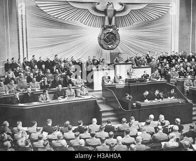 Wilhelm Frick holds a speech before the Reichstag in the Kroll Opera House in Berlin, 1939 Stock Photo