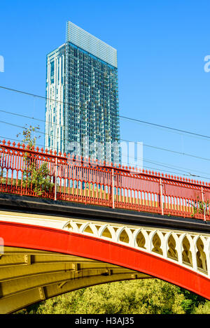 Victorian railway bridge and the Beetham Tower Castlefield Manchester Stock Photo
