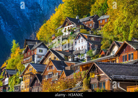 Traditional old wooden houses up a hill in famous Hallstatt mountain village, Salzkammergut, Upper Austria region, Austria Stock Photo