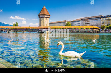 Historic city center of Lucerne with famous Chapel Bridge, the city's main tourist attraction, in summer, Switzerland Stock Photo