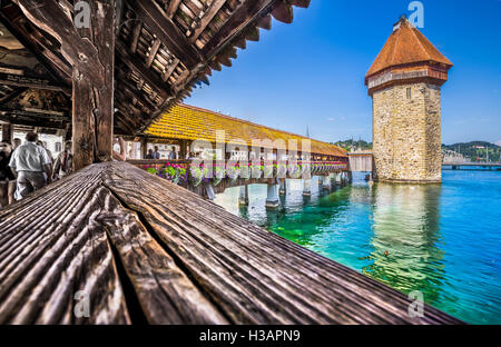 Historic city center of Lucerne with famous Chapel Bridge, the city's main tourist attraction, in summer, Switzerland Stock Photo